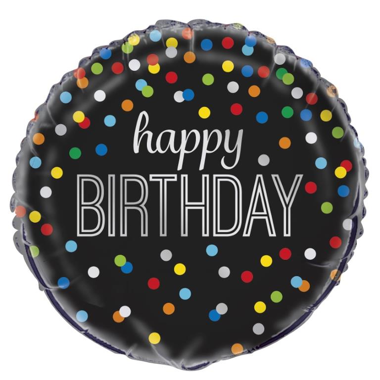 Rainbow Dot Happy Birthday Black Round Foil Balloon 18 cakewalk london